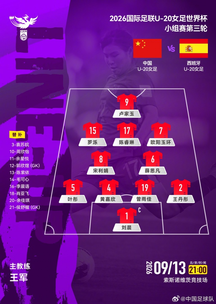 争头名！中国U20女足vs西班牙U20女足首发：欧阳玉环、卢家玉先发